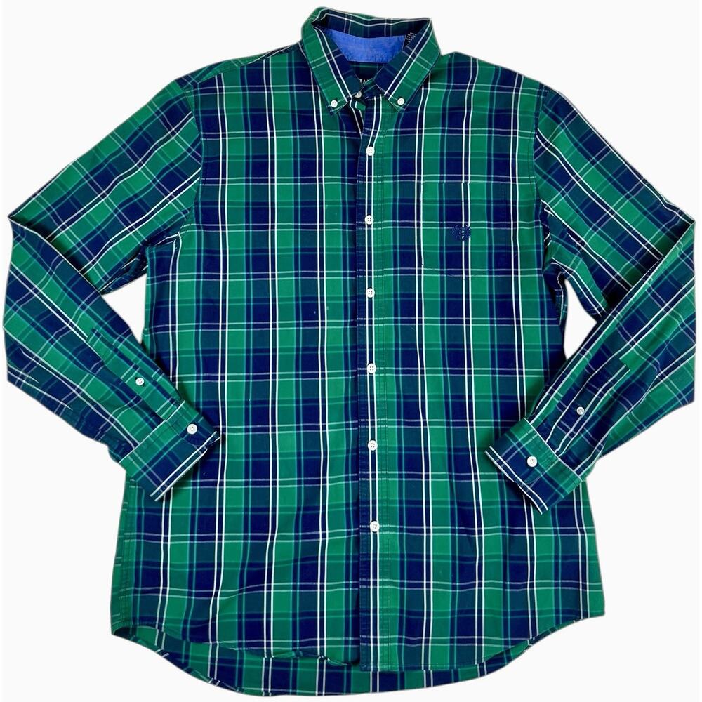 Chaps Men’s Shirt L Green Blue Plaid Stretch Button Down Long Sleeve Easy Care